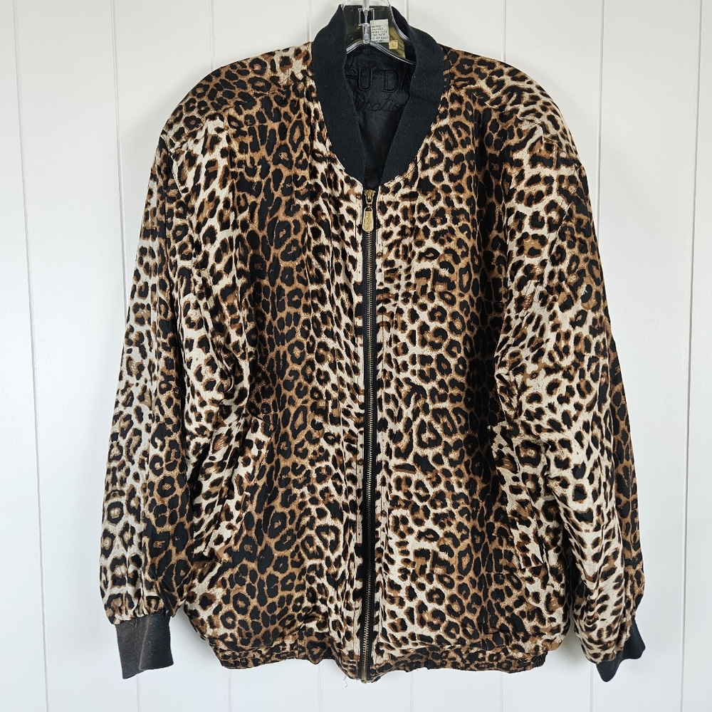 Vintage Silk Jacket Cheetah Full Zip Womens Lightweight Large Fuda International